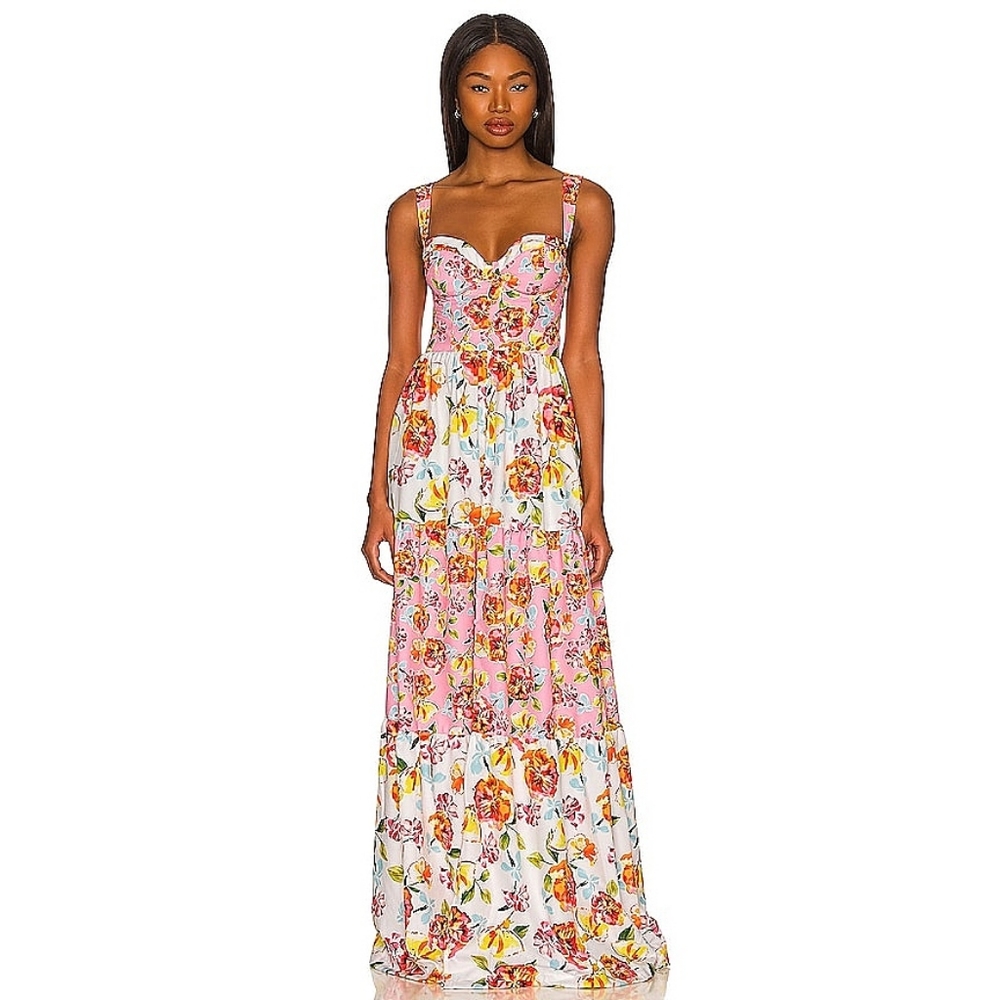 Agua Bendita Alani Corset Patchwork Floral Tiered Corset Maxi Dress
